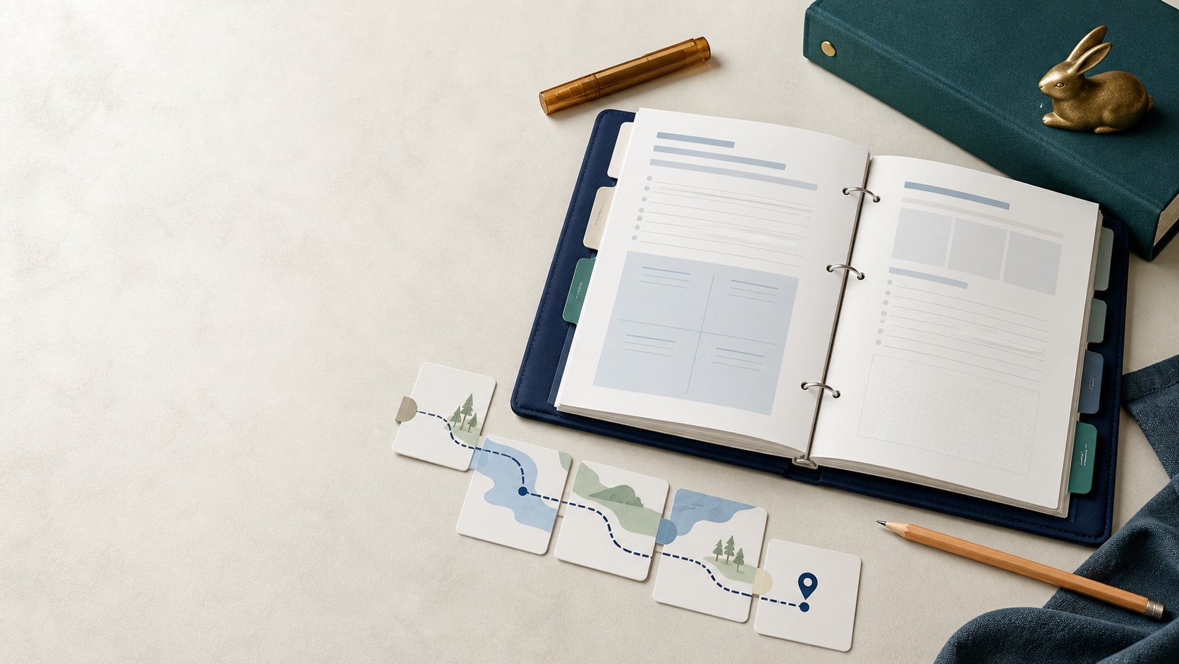 A practical tabbed workbook, route cards, pencil, blue-green binder, and small brass rabbit paperweight.