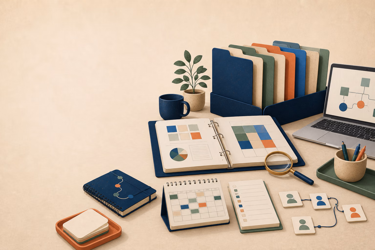 Illustrated guidance desk with folders, a reference binder, calendar, role map, ledger, and technology planning tools