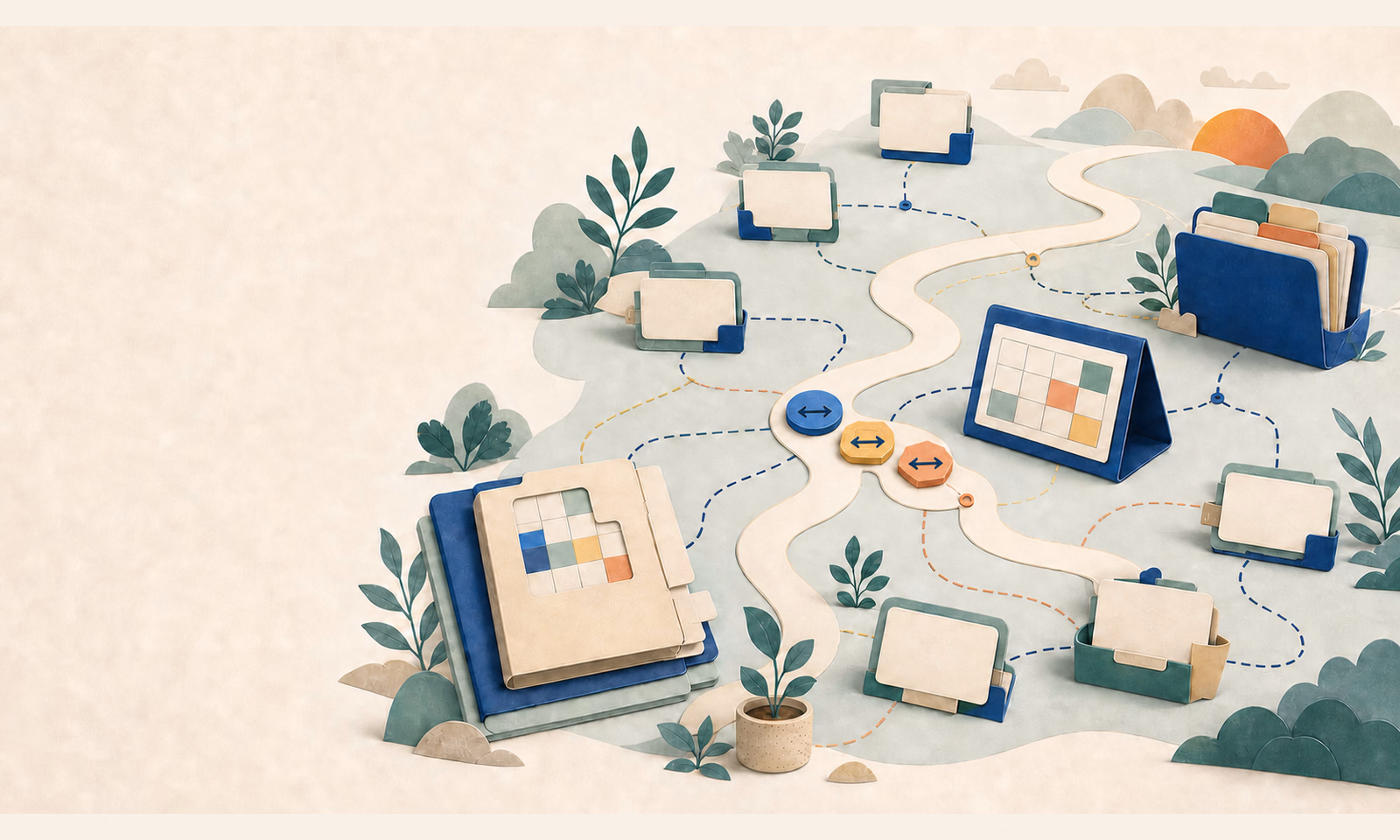 An open planning workspace with blank question cards, a first-quarter packet, an evidence folder, branching paths, and three reversible-move tokens.