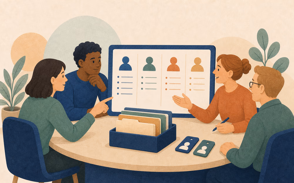 Illustrated group-practice journey connecting shared roles, supervision, secure access, handoffs, and coordinated team workflows